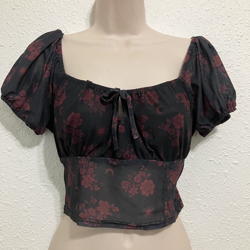 Daisy Street Black Burgundy Moon Floral Mesh Crop Top M Whimsy Goth Fairy Grunge